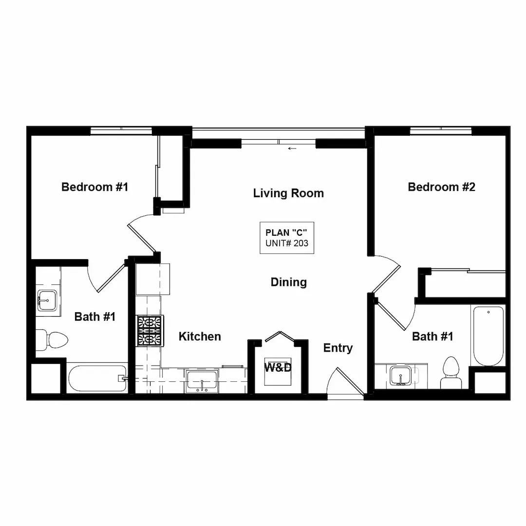 3D floor plan  a 2 bed, 2 bath apartment