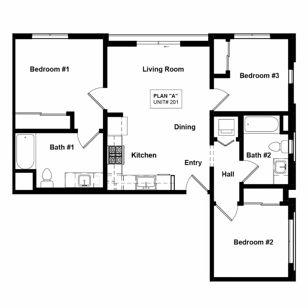 3D floor plan  a 3 bed, 2 bath apartment